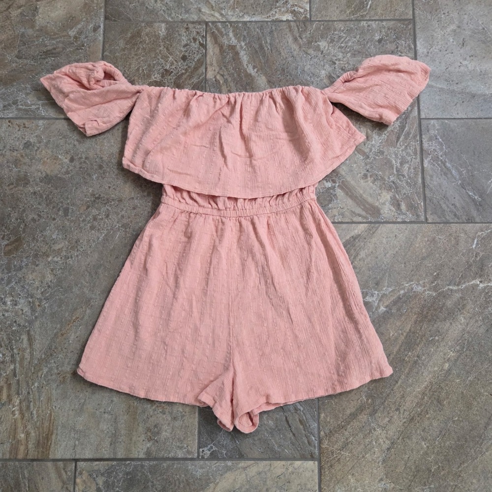 Roxy Pink Textured‎ Off Shoulder Ruffle Romper Shorts Women's S